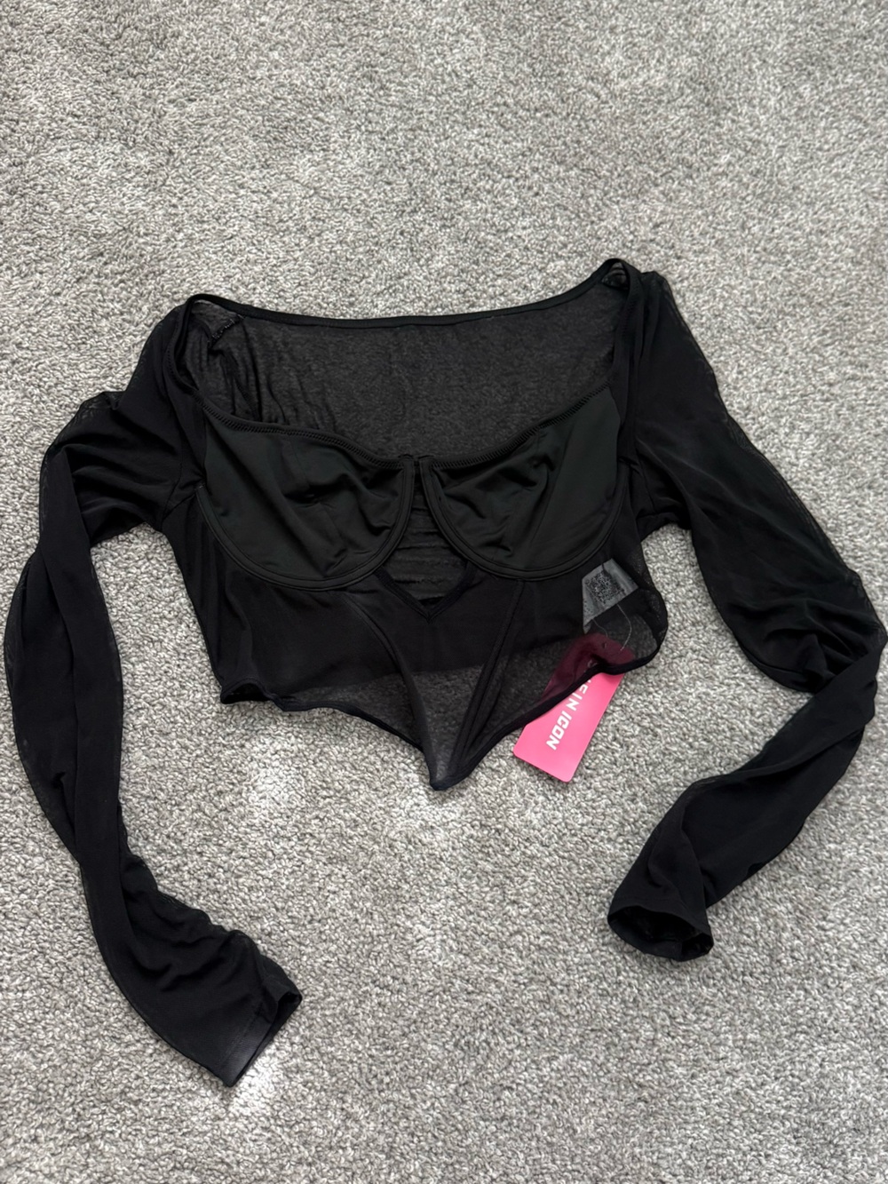 SHEIN Black Sheer Long-Sleeve Bodysuit with Built-In Cups